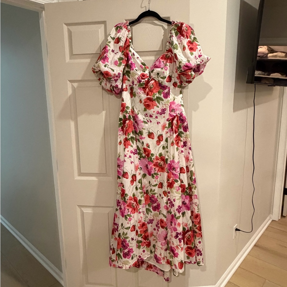 Abercrombie & Fitch White Midi Dress with Pink & Red Floral Print